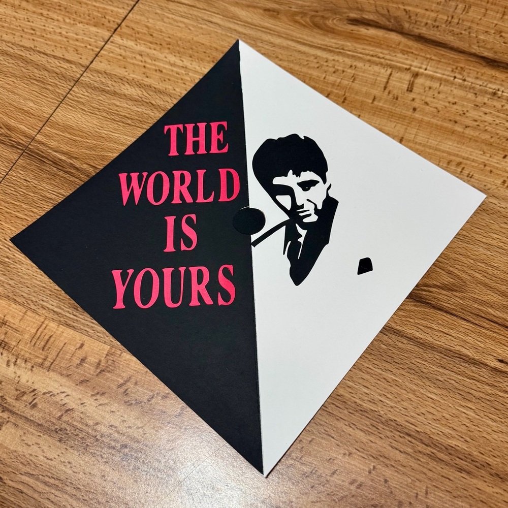 Black and White 'The World is Yours' graduation cap topper